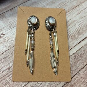 925 Sterling Silver Native American Opal Bead Porcupine Quill Dangle Earrings